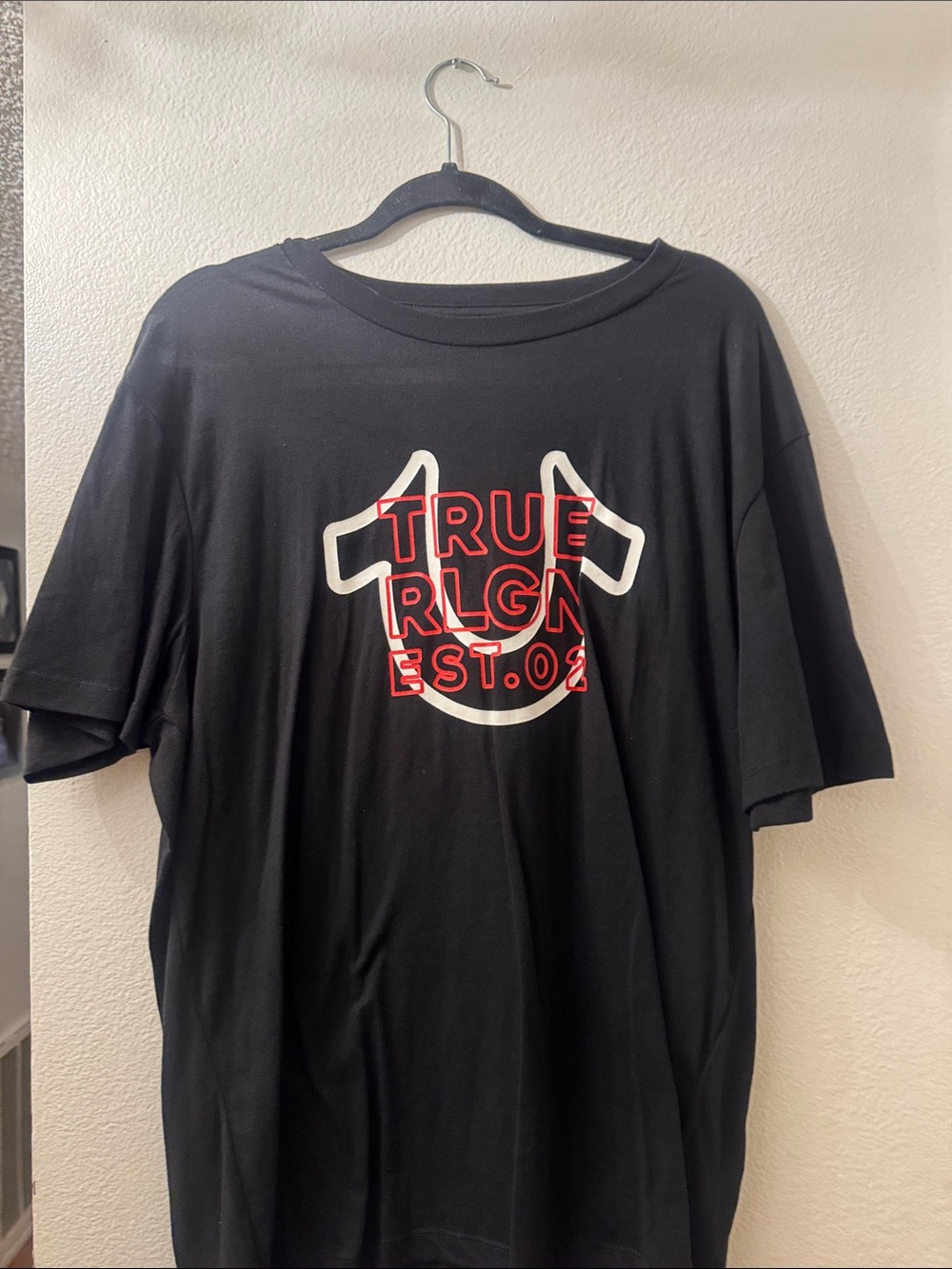 True Religion Black Short Sleeve Tee with Red and White Logo